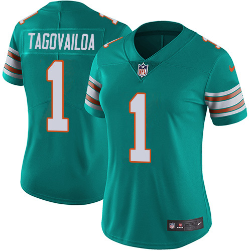 Nike Miami Dolphins 1 Tua Tagovailoa Aqua Green Alternate Women Stitched NFL Vapor Untouchable Limited Jersey